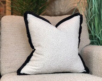 Luxury Boucle pillow cover | boucle cushion cover | neutral cushions | mushroom cream/beige | Cushion with fringe | modern home decor |
