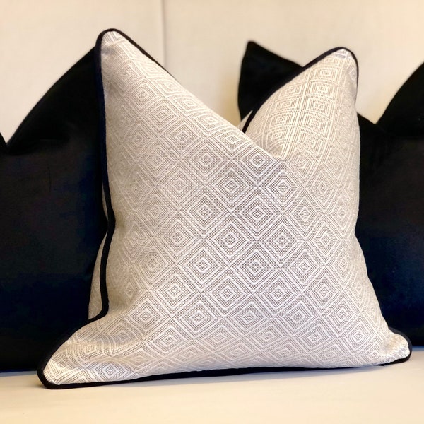 Neutral patterned cushion cover with black piping trim | natural throw pillow cover | luxury pillows | modern farmhouse decor | cream/beige