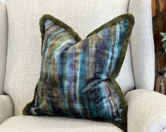 Blue and Green Printed velvet cushion covers - luxury pillow covers with fringe edge - euro shams - home decor