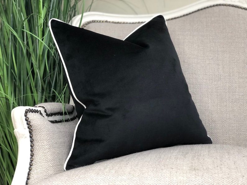 Black Velvet Cushion Cover With White Piped Edge 9 Colour Etsy