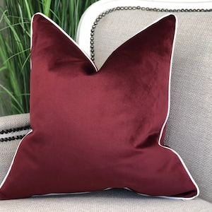 Burgundy luxury velvet Cushion cover with 9 piping colour choices | modern | custom | bespoke | large | rectangle | throw pillow