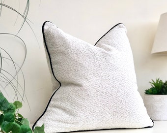 Ivory Boucle cushion cover with black piping. Luxury textured throw pillow cover. Monochrome decor