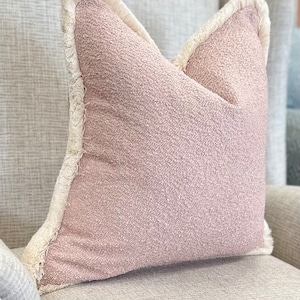 Rose pink boucle cushion pillow cover with cream fringed edge/trim | boho - country - girls nursery decor - sofa - chair - accent cushion