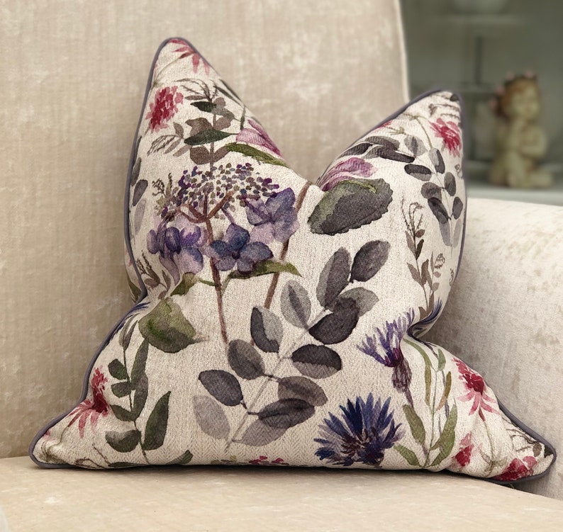 Pretty Floral pillow cover pink/purple neutral cushion cover custom pipings & sizes available image 1
