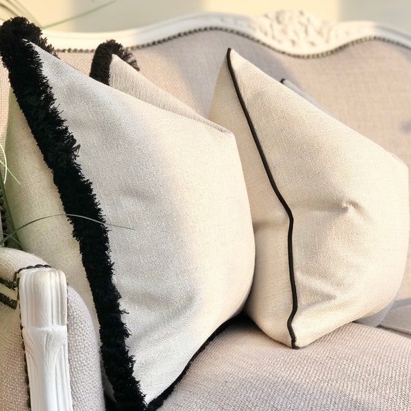Textured off white/chalk pillow cover - black fringe - modern cushion covers - pillow with edge/trim