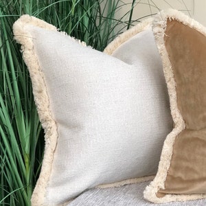 Ivory white pillow cover - luxury cushion cover - neutral decor - fringed cushion - textured weave