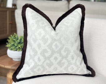 Ivory Cushion Cover Geometric Pattern with Dark Brown Fringe - Cream Throw Pillow