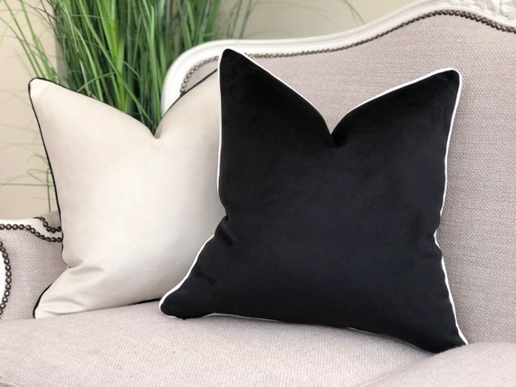 Handmade Modern Throw Pillows with Insert Black White Velvet 16x16 in - Black/White