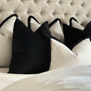 Luxury cushion cover bedroom set - boucle fringed, black velvet and natural livingroom pillow set