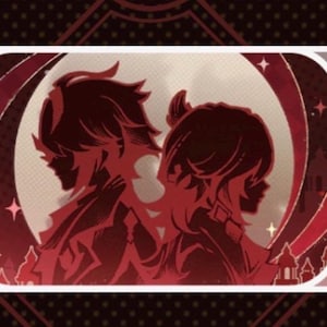 May include: A rectangular card with a red and white border features two silhouetted figures facing away from each other. The figures are set against a backdrop of a full moon and decorative lines. The background is a dark red with a repeating pattern.