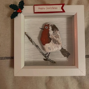 Pebble Robin Christmas art deep frame picture