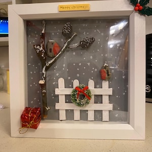 Pebble Robin Christmas art deep frame picture