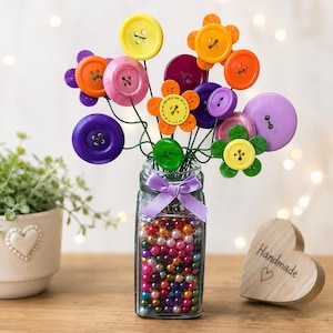 Handmade Button Flower Bouquet | Colorful Upcycled Jar Vase (Decorative)