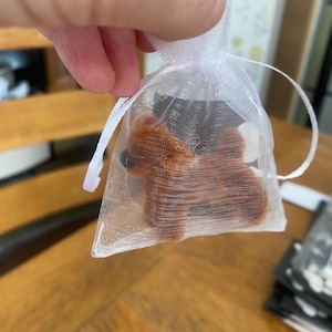 May include: A miniature brown dog toy is presented inside a white, sheer organza bag, tied with a drawstring. The toy dog has a black nose and a textured, fluffy appearance. The background is a wooden table.
