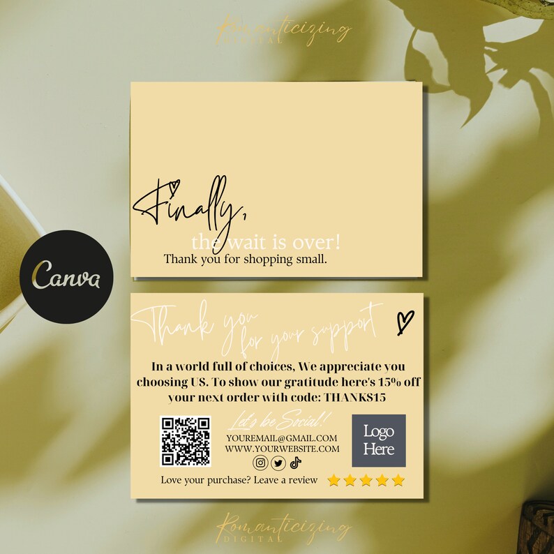 Small Business Thank You Card Templates, Editable Digital Download