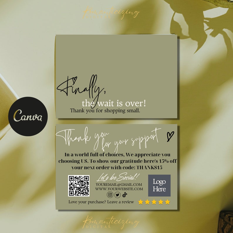 Small Business Thank You Card Templates, Editable Digital Download