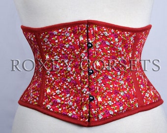 Floral Red Waspie Corset , Waist Cincher Steel Boned Floral Cotton Women's Underbust corset
