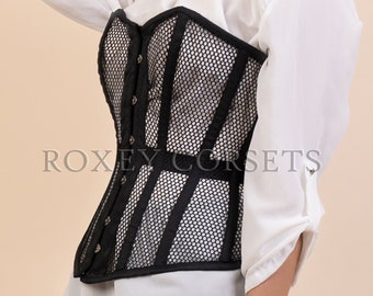 Heavy Duty Overbust Waist Trainer Mesh Corset , Steel Boned Black Mesh Corset