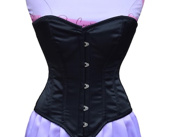 Short Torso Corset Steel Boned Overbust Black Satin Corset Waist Training Satin Corsets for Womens