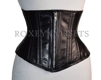 Heavy Duty Costume Leather Steel Boned Black Corset , Waist Trainer Waspie Cincher Underbust Zipper Corset