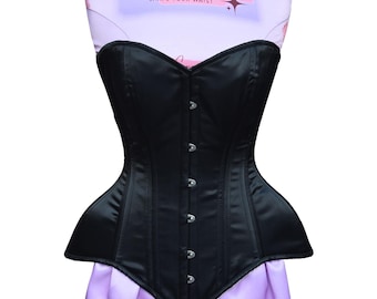 Heavy Duty Double Steel Boned Black Satin Corset Overbust Waist Training Corset Satin Corsets for Womens