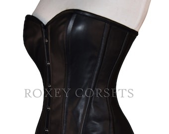 Heavy Duty Overbust Waist Trainer Corset en cuir noir Acier désossé Corset en cuir de mouton noir pour femme