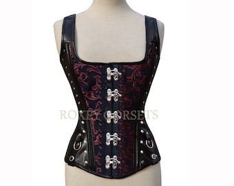 Overbust Goth Style Brocade and Leather Claps Closure Stud Detailing Steampunk Goth Style Retro Heavy Duty Corset Black and Red Corset