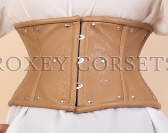 Underbust Leather Corset , Waist Trainer Goth Style Sheep Leather Steel Boned Camel Brown Corset