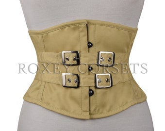 Beige / Skin Buckle Corset Waist Trainer Steel Boned Twill Cotton Underbust Waspie Cincher Beige Buckle Corset