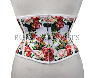 Floral Red Corset , Waspie Steel Boned Women's Underbust Waist Trainer Cincher Floral Satin Corset