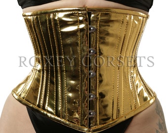 Gold PVC Steel Boned Corset Women's Underbust Waist Trainer Heavy Duty Corset