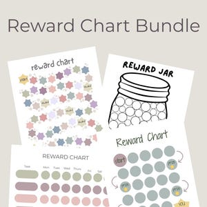 以下が含まれることがあります： 子供向けの印刷可能な報酬チャートのバンドル。チャートには、星形チャート、ジャーチャート、デイリーチャートなど、さまざまなデザインが用意されています。チャートは白黒で、色や報酬をカスタマイズできます。