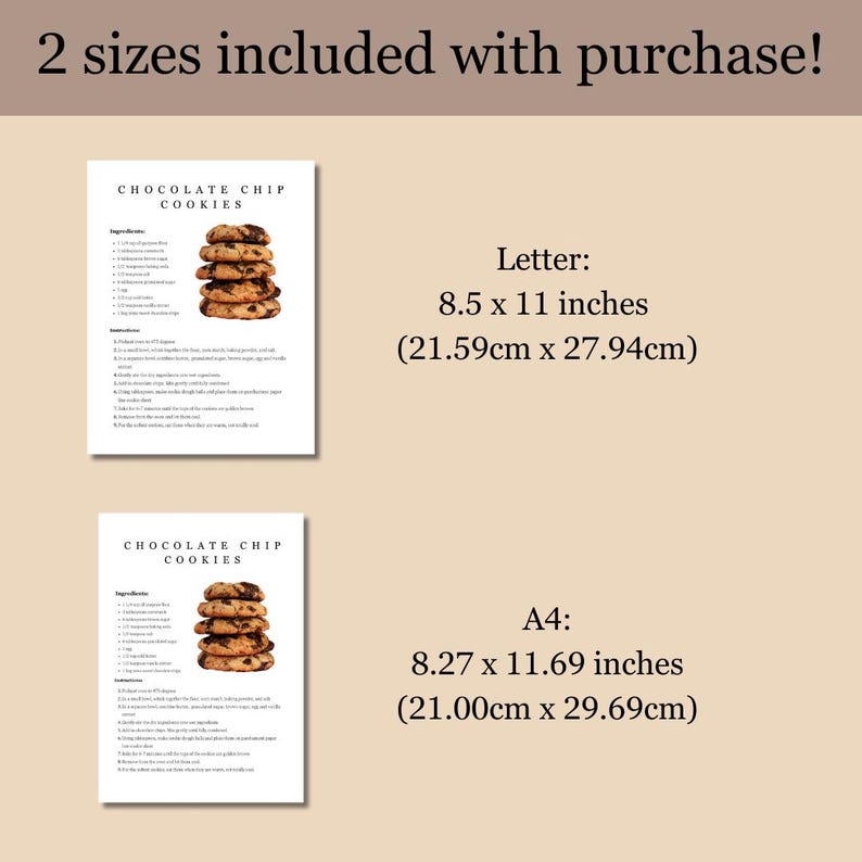 Puede incluir: Dos tarjetas de recetas imprimibles para galletas con chispas de chocolate. Las tarjetas se muestran en dos tama&ntilde;os: Carta (8,5 x 11 pulgadas) y A4 (8,27 x 11,69 pulgadas).