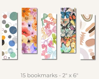 May include: Set of five printable bookmarks featuring different designs. The designs include colorful circles, floral patterns, bows, butterflies, and abstract shapes. The bookmarks are 2 inches by 6 inches.