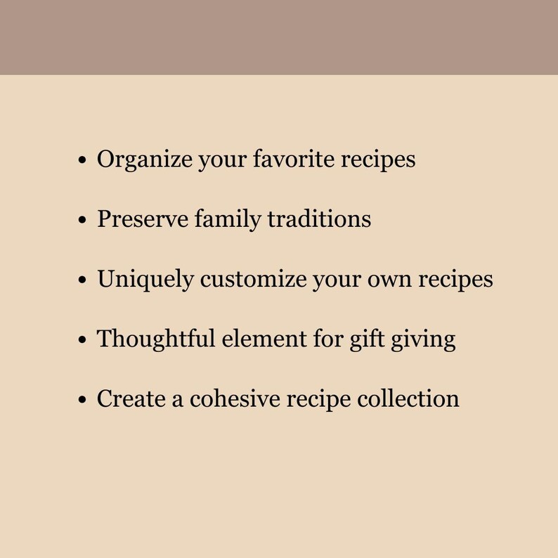 Puede incluir: Una lista de cinco puntos que describen los beneficios de organizar recetas. Los beneficios incluyen organizar recetas favoritas, preservar las tradiciones familiares, personalizar las recetas de forma &uacute;nica, crear un regalo atento y crear una colecci&oacute;n de recetas cohesiva.