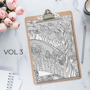 May include: A clipboard with a black and white detailed illustration of a landscape, with the text "VOL 3" in the upper left corner. The illustration is on a white paper, and the clipboard is brown. The background includes pink flowers, a pencil, and office supplies.