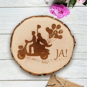 Baumscheibe mit Datum, Initialen, Personalisiert, Hochzeitsgeschenk, Brautpaar auf Vespa, Luftballons mit Initialen