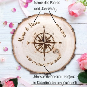 Hochzeit Baumscheibe Kompass personalisiert mit Namen & Datum sowie Koordinaten der Trauung oder des Kennenlernens Bild 2