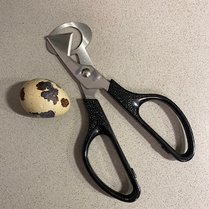 May include: A black and silver egg cutter with a quail egg on a light gray countertop.