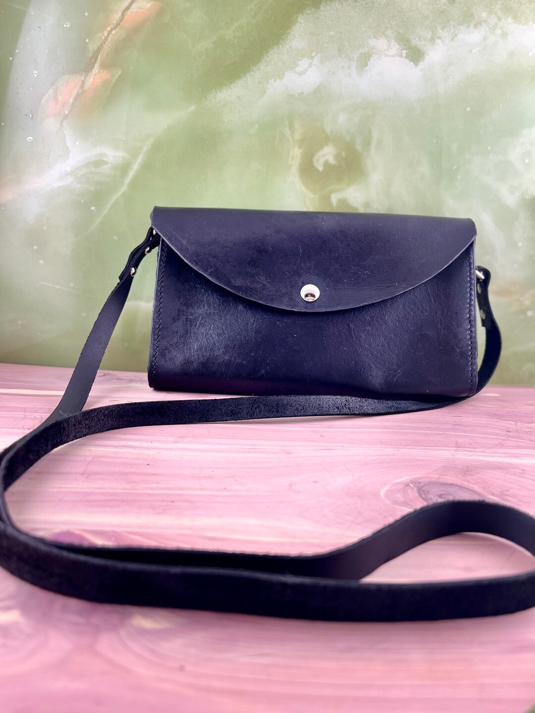 Simple Black Leather Purse With Shoulder Strap Etsy
