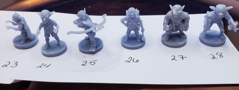 May include: Six gray miniature fantasy figures on round bases. The figures are of a goblin-like character in various poses, including one with a bow and arrow, and another with a backpack. Numbers 23 through 28 are written below each figure.