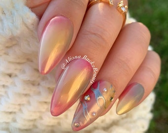 Reusable Colorful Abstract Nails with Gold Chrome Finish/ Handmade Golden Rainbow Nails/Ombre and Chrome Nails/ Fake Nails