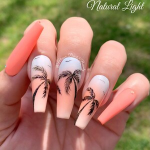 Palm Trees Press On Nails/ Coral Summer Nails/ Coral Dream Press on Nails/ Reusable Press on Nails/ Glue on Nails/ Fake Nails image 1