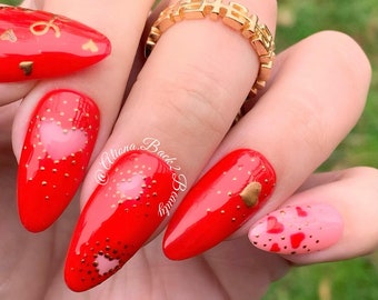 Be My Valentine Press Ons/ Handcrafted Red and Gold Valentine's Day Press on Nails/ Glue On Nails/ Luxury Press on Nails