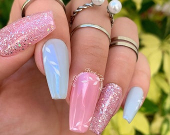 Textured Floral Nails/ Pink and Blue Press on Nails/ Chrome and Glitter Press on Nails