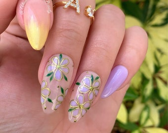 Gold and Lavender Nails/Floral  Press on Nails/ Handcrafted Fake Nails