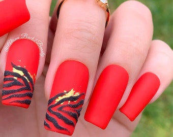 Handpainted  Zebra Press on Nails/Red Press on Nails/Textured Press on Nails