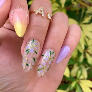 Gold and Lavender Nails/Floral  Press on Nails/ Handcrafted Fake Nails