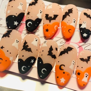Cute Hand Painted Halloween French Nails/ Reusable Press on Nails/ Handmade Spooky Nails