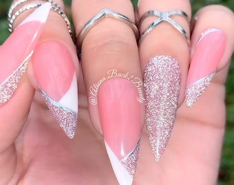 Pink Glitter Press on Nails/Elegant Press on Nails/ French Press on Nails